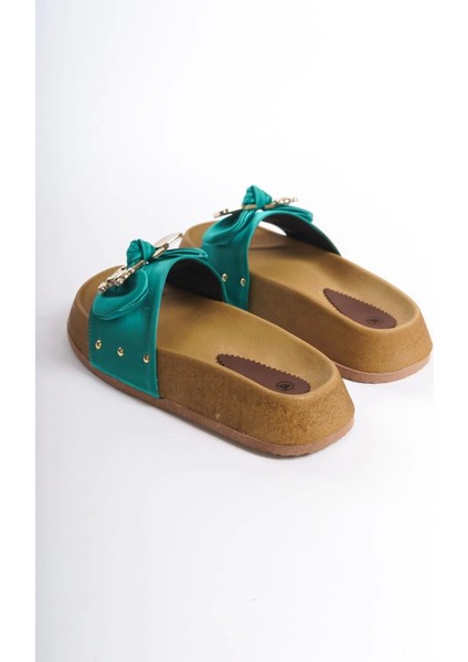 Dıla Kalın ve Ortopedik Taban Ayıcıklı Saten Kadın Terlik Kt - Yeşil indirimleri