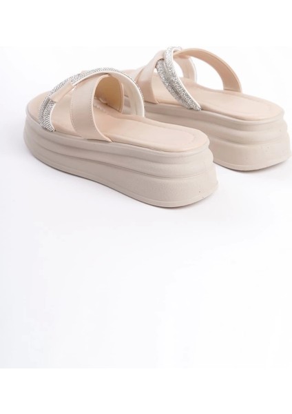 Ruby Düz Topuklu Taşlı Çapraz Şeritli Kalın ve Ortopedik Taban Kadın Terlik Kt - Krem indirimleri