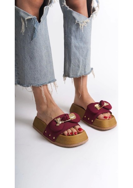 Dıla Kalın ve Ortopedik Taban Ayıcıklı Saten Kadın Terlik Kt - Bordo