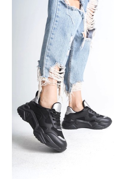 Tokyo Bağcıklı Ortopedik Taban Triko Detaylı Kadın Spor Ayakkabı St - Siyah/gri fiyatları