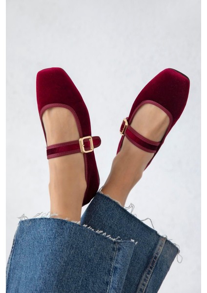 Darla Yan Ithal Toka Detaylı Kadın Babet Kadife Bordo