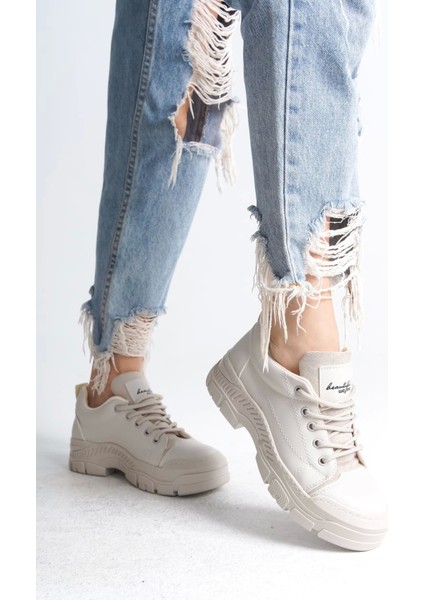 Jane Bağcıklı Ortopedik Taban Kadın Sneaker Spor Ayakkabı Kt - Krem