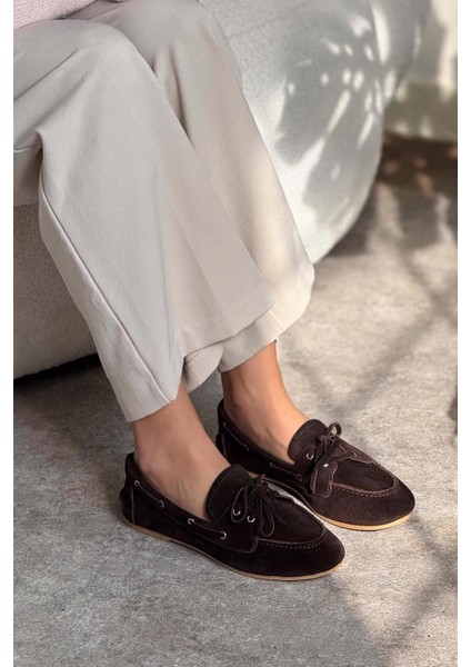 Celina Ön Bağcık Detaylı Deri Süet Kadın Babet Kahve