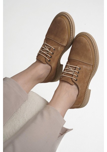 Angel Deri Nubuk Lastik Bağcık Detaylı Leofer Kadın Ayakkabı Taba