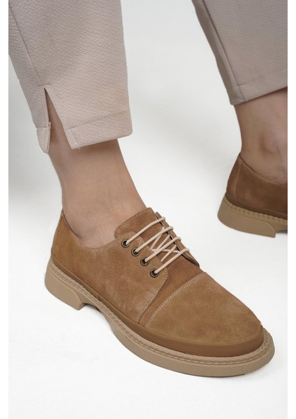 Angel Deri Nubuk Lastik Bağcık Detaylı Leofer Kadın Ayakkabı Taba modelleri