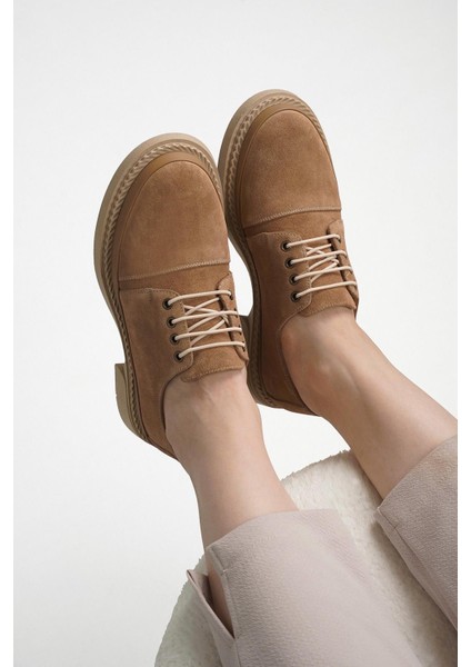 Angel Deri Nubuk Lastik Bağcık Detaylı Leofer Kadın Ayakkabı Taba indirimleri