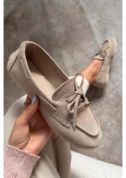 Celina Ön Bağcık Detaylı Deri Süet Kadın Babet Bej