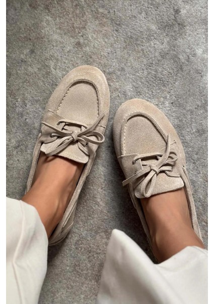 Celina Ön Bağcık Detaylı Deri Süet Kadın Babet Bej modelleri