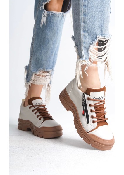 Agatha Bağcıklı Fermuarlı Ortopedik Taban Kadın Sneaker Spor Ayakkabı Tt - Krem
