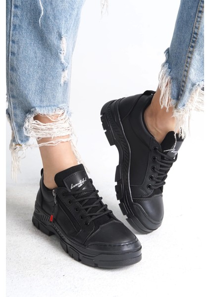 Agatha Bağcıklı Fermuarlı Ortopedik Taban Kadın Sneaker Spor Ayakkabı St - Siyah