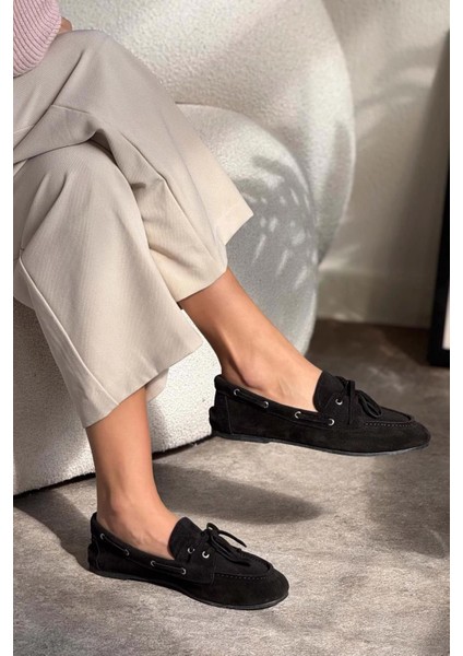 Celina Ön Bağcık Detaylı Deri Süet Kadın Babet Siyah