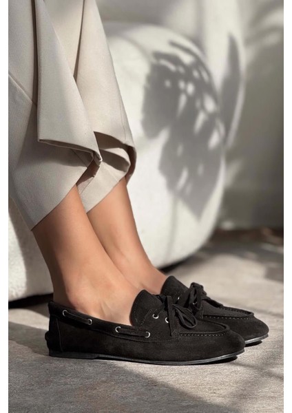 Celina Ön Bağcık Detaylı Deri Süet Kadın Babet Siyah modelleri