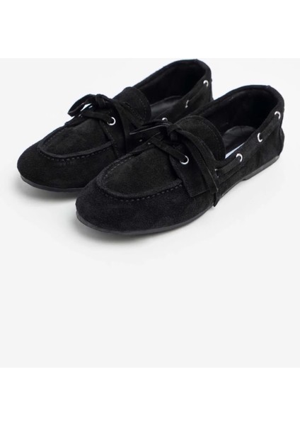 Celina Ön Bağcık Detaylı Deri Süet Kadın Babet Siyah indirimleri