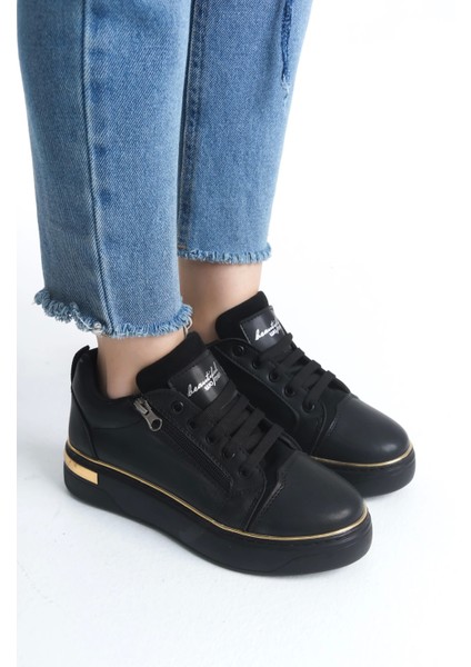 Dına Bağcıklı Fermuarlı Ortopedik Taban Kadın Sneaker Spor Ayakkabı St - Siyah/altın