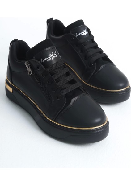 Dına Bağcıklı Fermuarlı Ortopedik Taban Kadın Sneaker Spor Ayakkabı St - Siyah/altın fırsatları