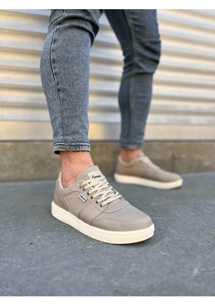 JY0118 Rex Bağcıklı Keten Kumaş Erkek Günlük Sneaker Ayakkabı Kkt - Bej