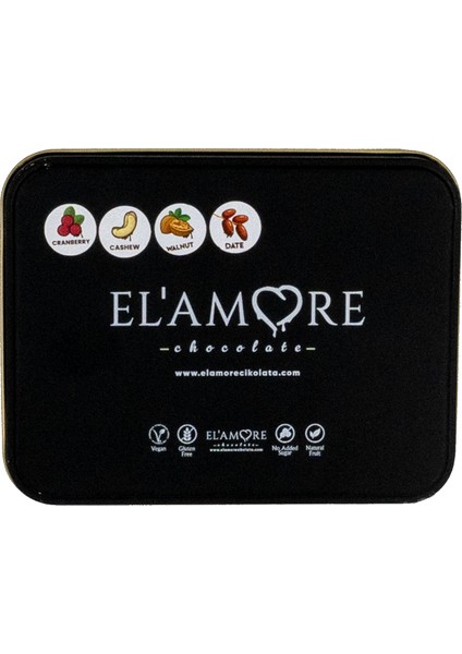 El'amore Şeker Ilavesiz, Glütensiz, Vegan Mix Bitter Çikolata - Küçük Kare Metal Kutu, 150 gr fırsatları