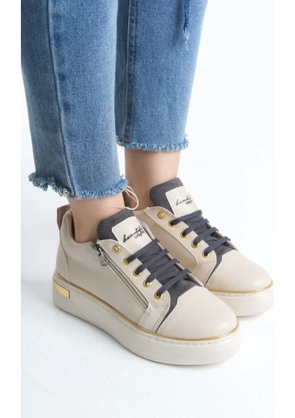Dına Bağcıklı Fermuarlı Ortopedik Taban Kadın Sneaker Spor Ayakkabı Kt - Krem/gri/altın