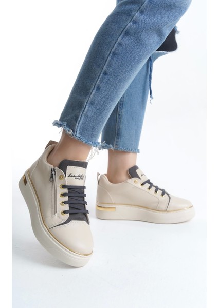 Dına Bağcıklı Fermuarlı Ortopedik Taban Kadın Sneaker Spor Ayakkabı Kt - Krem/gri/altın