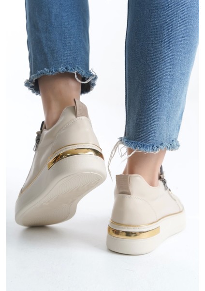 Dına Bağcıklı Fermuarlı Ortopedik Taban Kadın Sneaker Spor Ayakkabı Kt - Krem/gri/altın