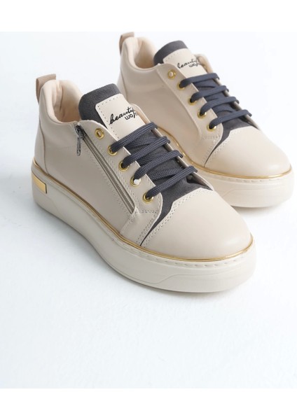 Dına Bağcıklı Fermuarlı Ortopedik Taban Kadın Sneaker Spor Ayakkabı Kt - Krem/gri/altın