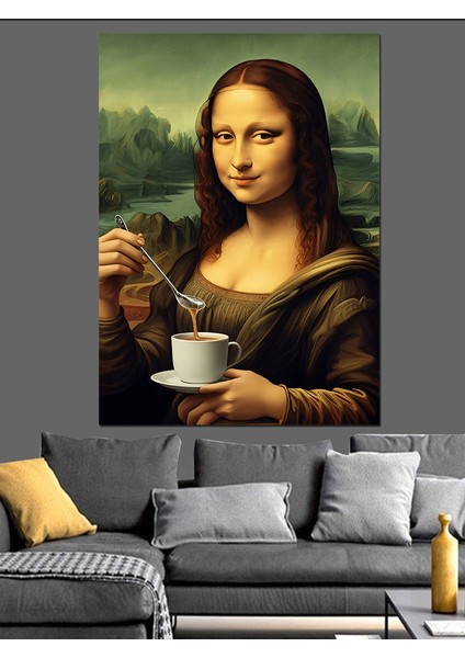 Mona Lisa Kahve Içerken Dekoratif Kanvas - Mdf Ahşap Tablo