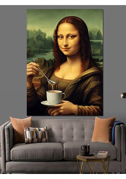 Mona Lisa Kahve Içerken Dekoratif Kanvas - Mdf Ahşap Tablo fiyatları