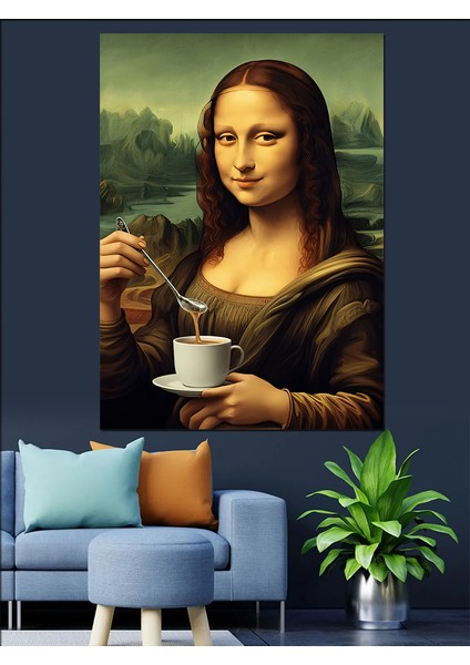 Mona Lisa Kahve Içerken Dekoratif Kanvas - Mdf Ahşap Tablo modelleri