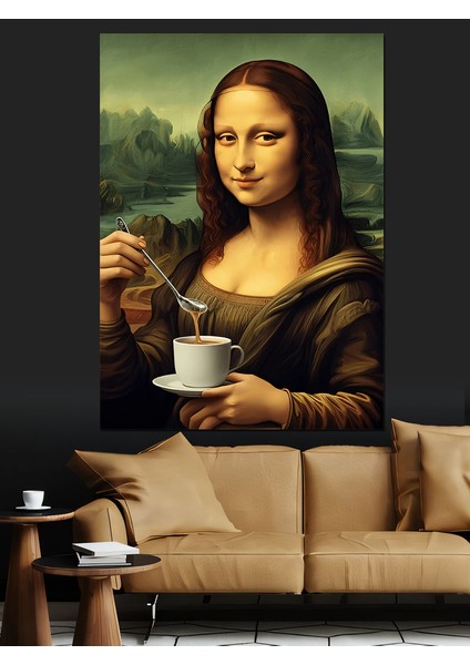 Mona Lisa Kahve Içerken Dekoratif Kanvas - Mdf Ahşap Tablo fırsatları