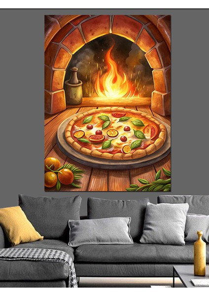 Odun Fırınında Pizza Dekoratif Kanvas - Mdf Ahşap Tablo