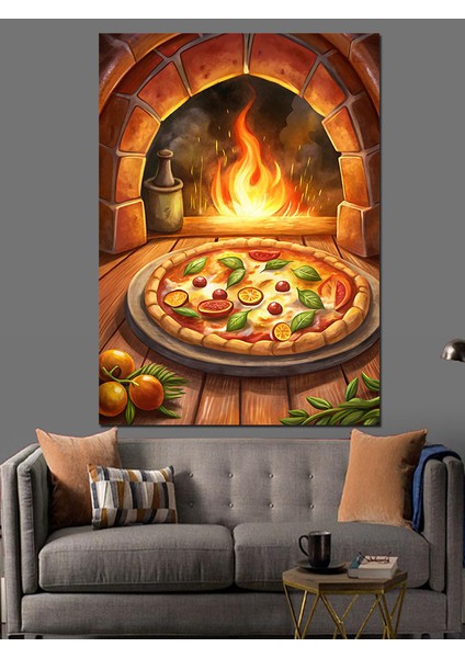 Odun Fırınında Pizza Dekoratif Kanvas - Mdf Ahşap Tablo