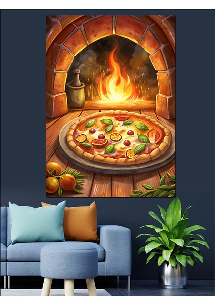 Odun Fırınında Pizza Dekoratif Kanvas - Mdf Ahşap Tablo