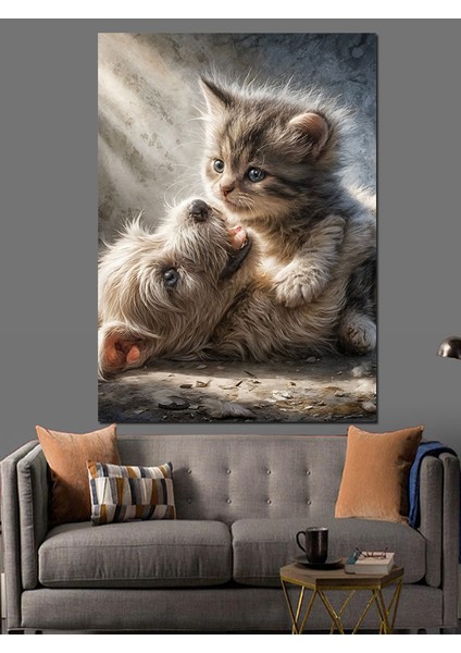 Kedi ve Köpek Yavrusu Dekoratif Kanvas - Mdf Ahşap Tablo