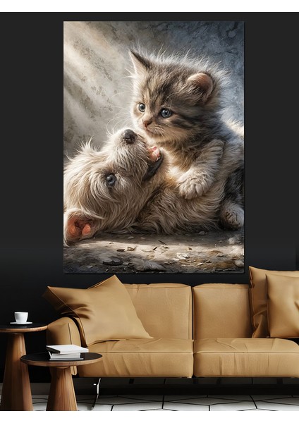 Kedi ve Köpek Yavrusu Dekoratif Kanvas - Mdf Ahşap Tablo
