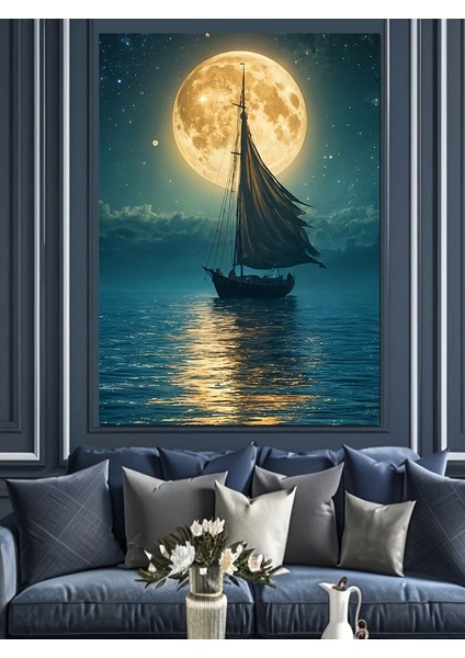 Ay Işığında Yelkenli Dekoratif Kanvas - Mdf Ahşap Tablo