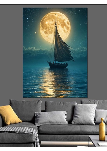 Ay Işığında Yelkenli Dekoratif Kanvas - Mdf Ahşap Tablo fiyatları