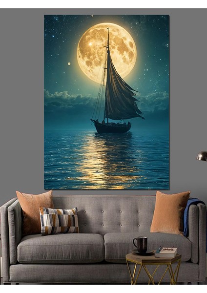 Ay Işığında Yelkenli Dekoratif Kanvas - Mdf Ahşap Tablo modelleri