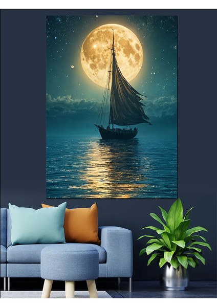 Ay Işığında Yelkenli Dekoratif Kanvas - Mdf Ahşap Tablo fırsatları