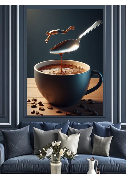 Kahve Bardağı ve Sıçrayan Adam Dekoratif Kanvas - Mdf Ahşap Tablo