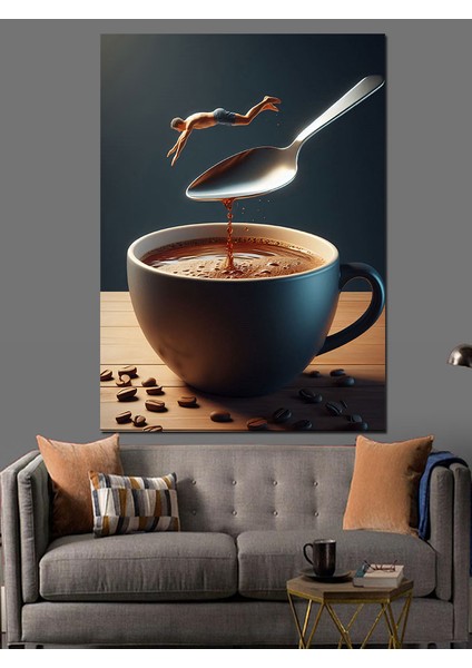 Kahve Bardağı ve Sıçrayan Adam Dekoratif Kanvas - Mdf Ahşap Tablo modelleri