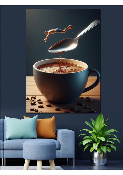 Kahve Bardağı ve Sıçrayan Adam Dekoratif Kanvas - Mdf Ahşap Tablo fırsatları