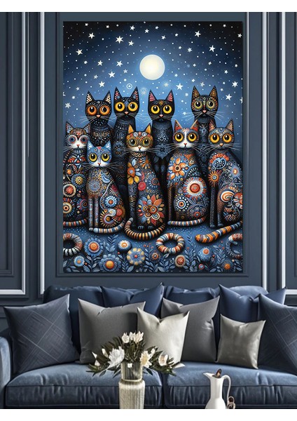 Gece Mavisi Kedi Ailesi Dekoratif Kanvas - Mdf Ahşap Tablo