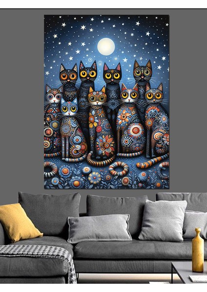 Gece Mavisi Kedi Ailesi Dekoratif Kanvas - Mdf Ahşap Tablo fiyatları