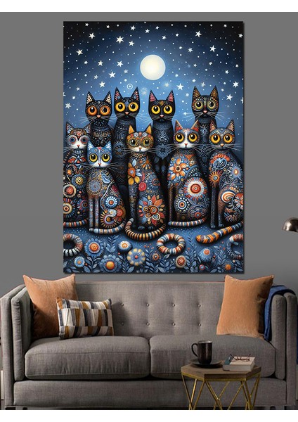 Gece Mavisi Kedi Ailesi Dekoratif Kanvas - Mdf Ahşap Tablo modelleri