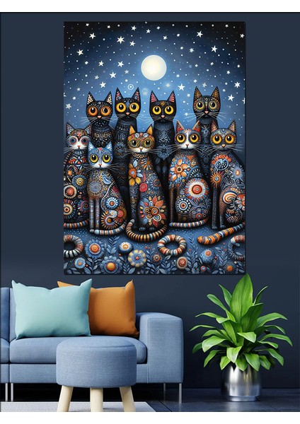 Gece Mavisi Kedi Ailesi Dekoratif Kanvas - Mdf Ahşap Tablo fırsatları