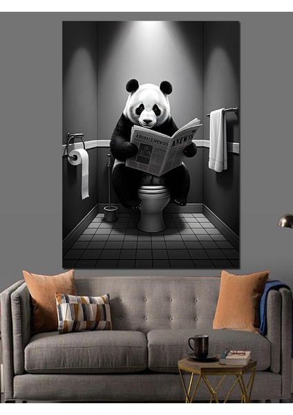 Tuvalette Oturan Panda Dekoratif Kanvas - Mdf Ahşap Tablo
