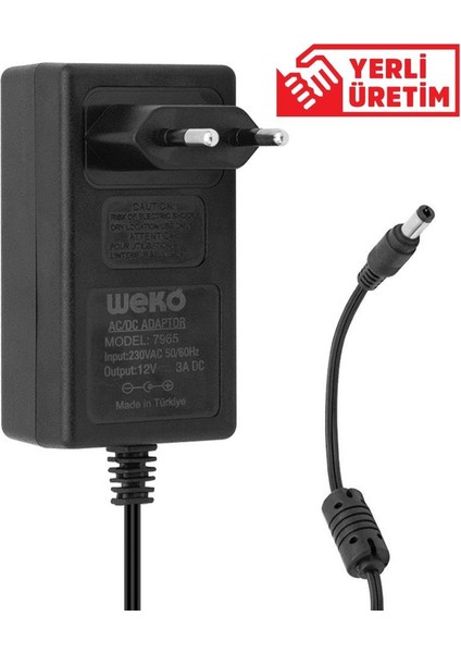 12 Volt - 3 Amper - 36 Watt 5.5*2.5 Uçlu Plastik Kasa Priz Tip Adaptör