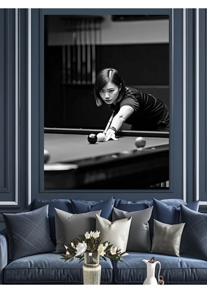Bilardo Oynayan Kız Dekoratif Kanvas - Mdf Ahşap Tablo