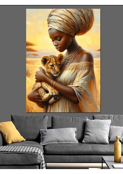Afrikalı Kadın ve Aslan Dekoratif Kanvas - Mdf Ahşap Tablo