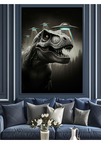 T-Rex ve Uçan Daireler Dekoratif Kanvas - Mdf Ahşap Tablo